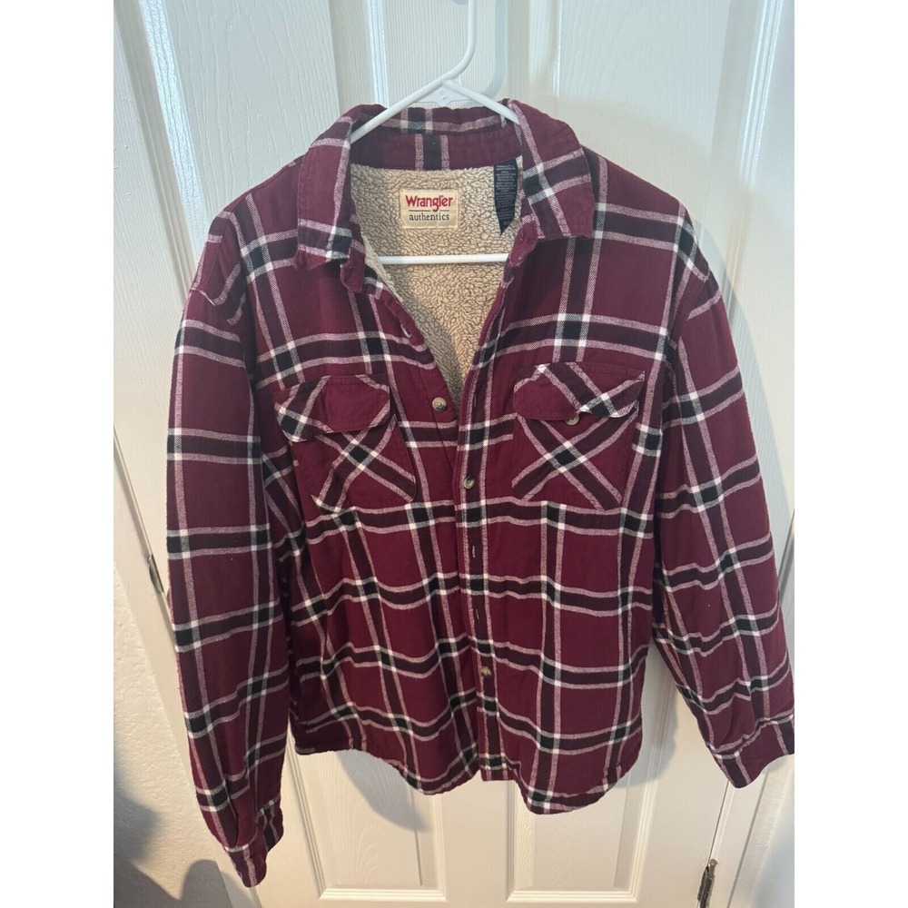 Wrangler Men's Sz M Sherpa Fleece Lined Plaid Red Flannel Button Down Shirt
